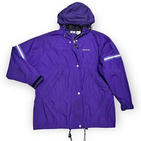 Reebok Vintage Y2K 90s Purple Long Designer Windbreaker Jacket - Mens Medium - Picture 1 of 4